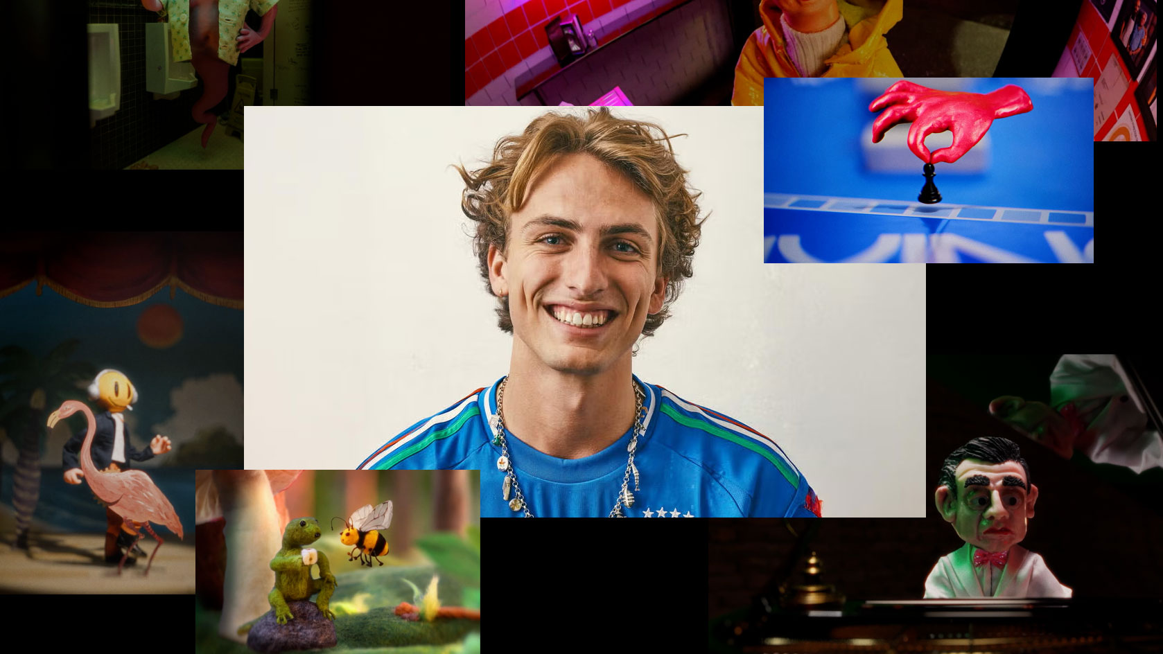 A collage featuring a central portrait of director Lucas Ansel surrounded by various stop-motion animation characters and scenes. Frame from Stash Magazine article.