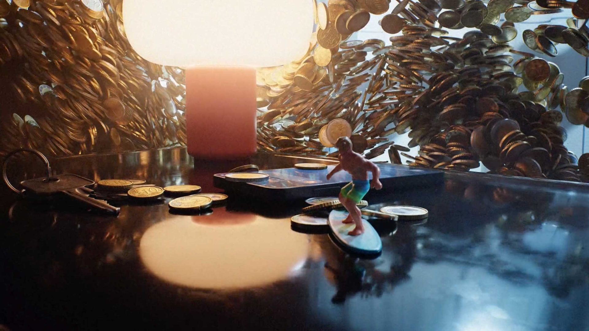 A small surfer figurine rides a coin on a dark surface, surrounded by scattered coins, keys, a phone, and a lamp glowing in front of a swirling fintech-inspired backdrop of coins. Frame from Stash Magazine article.