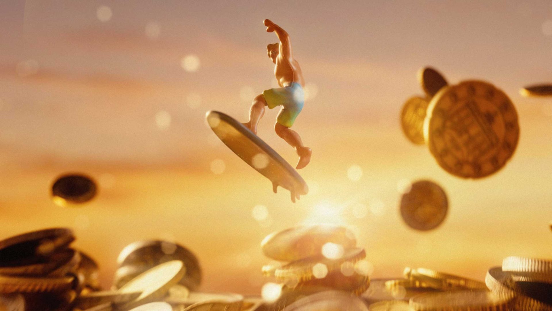 A man in swim trunks surfs on a coin above a pile of coins, with more coins floating around him against a warm, glowing sunset sky in this vibrant Lucky Break Fintech Spec Spot by Crumb Studio. Frame from Stash Magazine article.