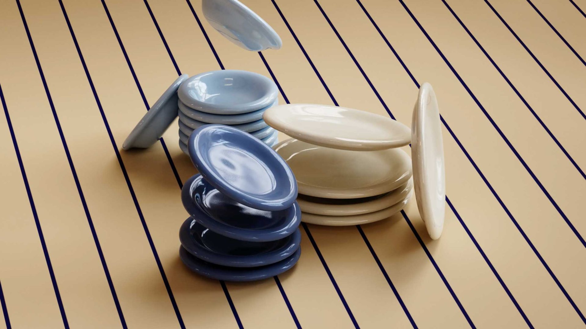 Several stacks of blue and cream plates are arranged on a tan surface with dark diagonal lines, capturing a moment reminiscent of the playful artistry seen in the MADE Design at Play brand film by Miles Hellyer & Chalk Company. Some plates appear to be falling or mid-air above the stacks, adding a sense of whimsical motion to the composition. Frame from Stash Magazine article.