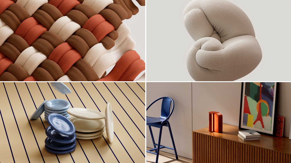 A collage of four modern design images: a woven cushion, a knotted plush seat, stacked ceramic plates on striped surface, and a minimalist room with a blue chair, orange vase, and framed abstract art—each scene echoing the playful aesthetic showcased in the MADE Design at Play brand film by Miles Hellyer & Chalk Company. Frame from Stash Magazine article.