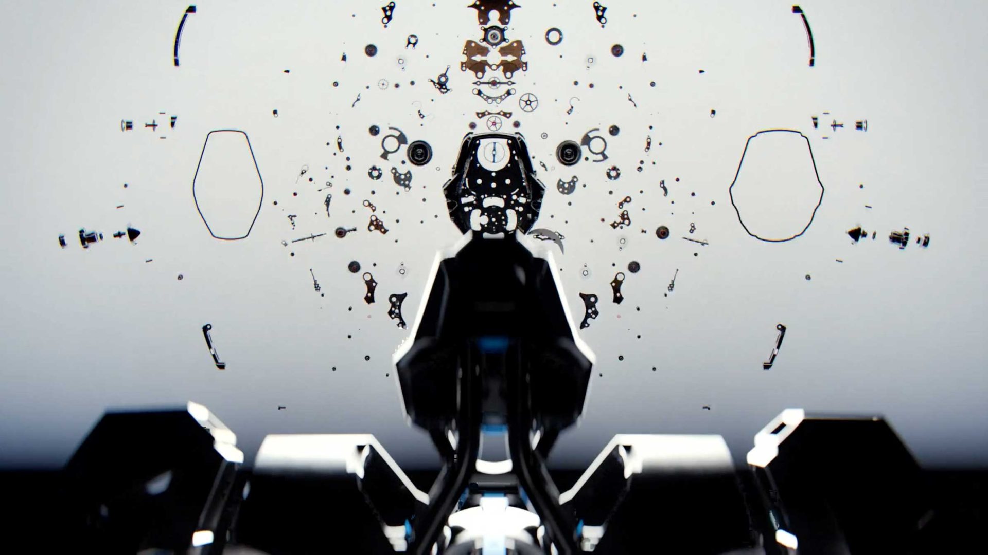 Abstract image of a symmetrical, robotic structure inspired by the MB&F HM12 The Guardian robot time piece launch film by le truc studio, with scattered mechanical parts on a white background, evoking a futuristic technological inkblot. Frame from Stash Magazine article.