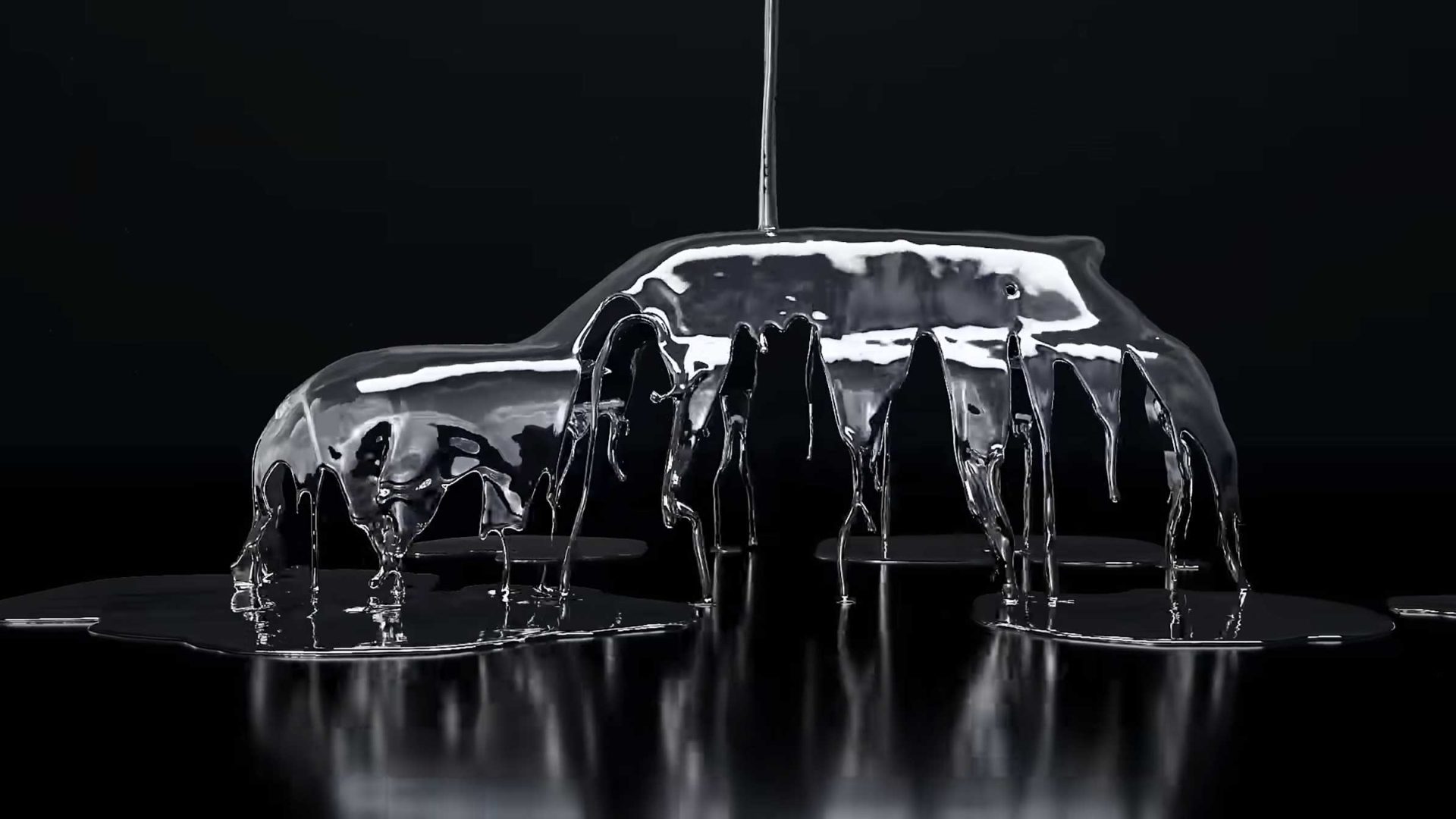 A stream of liquid metal is poured over a car, creating a glossy, reflective coating that drips dramatically down the sides against a black background—capturing the bold spirit of MINI Icon Drops Special Editions. Frame from Stash Magazine article.