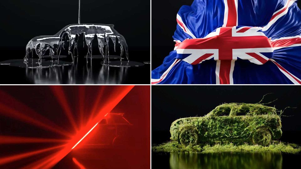 A collage of four images from the MINI Icon Drops 08 Editions commercial by Critical Mass: a car-shaped figure covered in liquid metal, a draped UK flag, red laser outlines, and one wrapped in green moss and plants. Frame from Stash Magazine article.