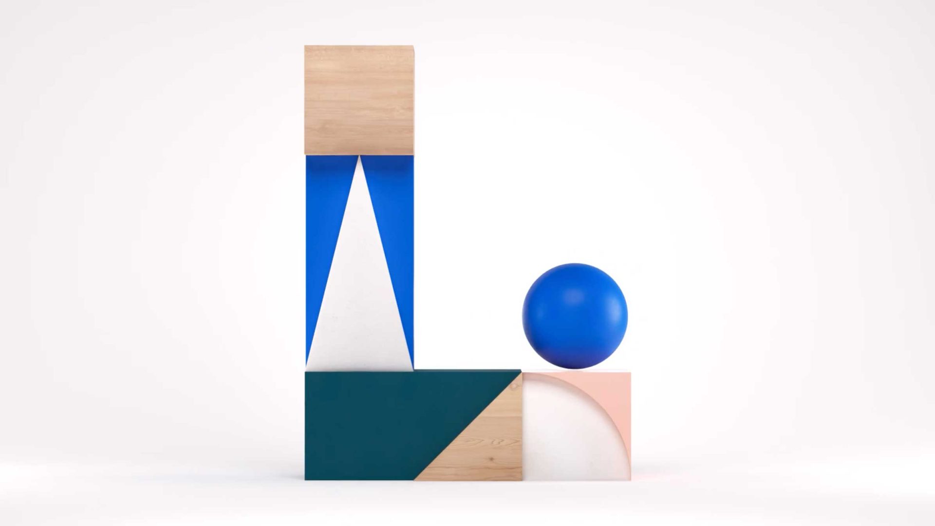 A geometric arrangement of colorful shapes forms the letter L, featuring wooden blocks, a blue sphere, a white triangle, and rectangles in blue, green, and pink—perfect for a MULTRA Brand Film set against a crisp white background. Frame from Stash Magazine article.