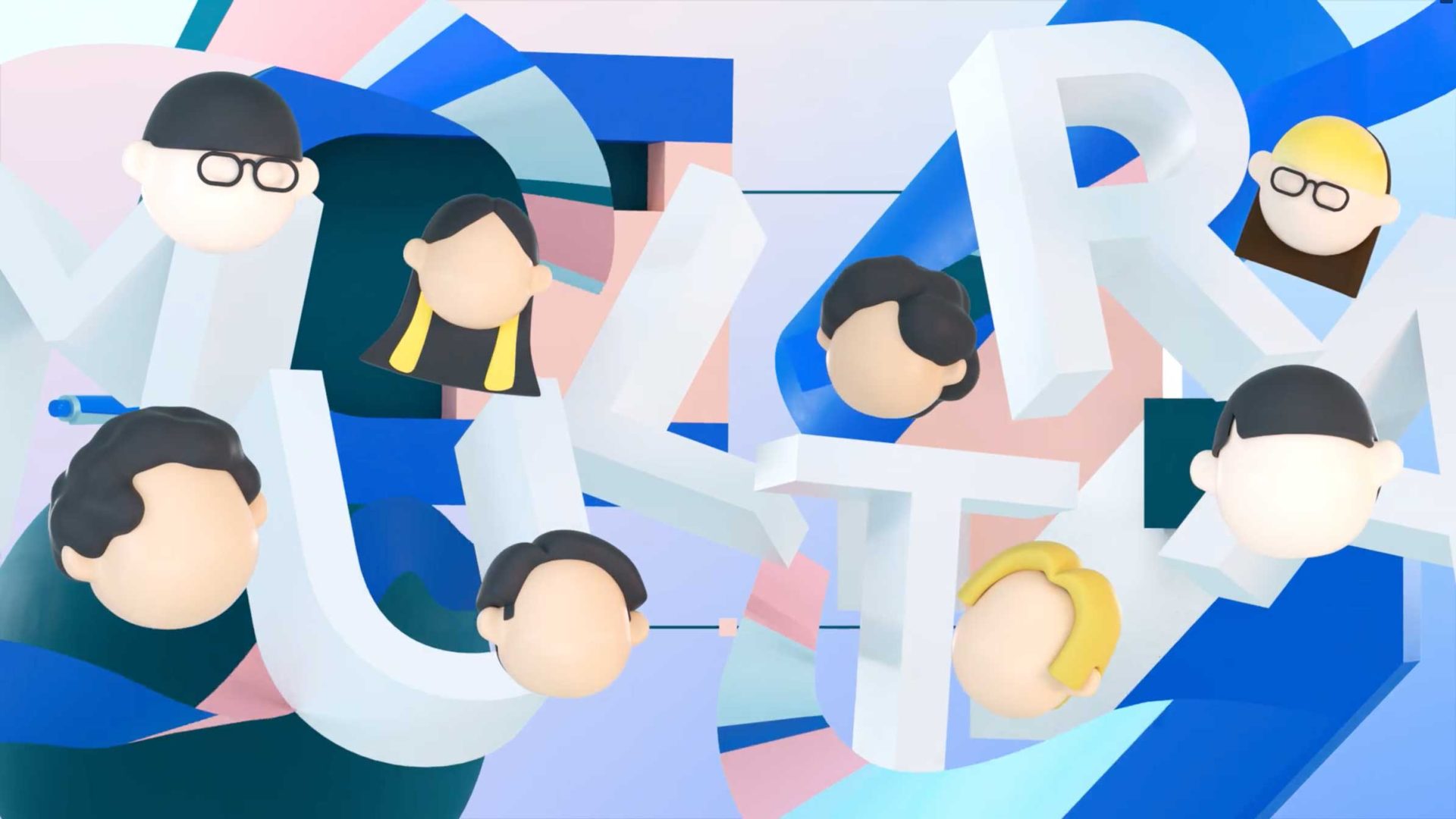 Abstract illustration for MULTRA Brand Film featuring floating stylized human faces with various hair colors and styles, surrounded by large white 3D letters on a colorful blue, pink, and white background. Frame from Stash Magazine article.