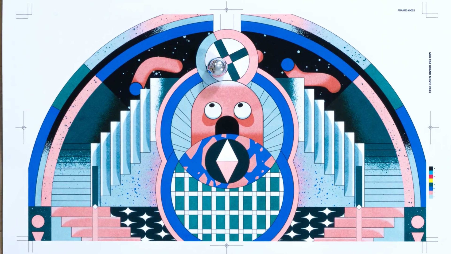 A stylized, geometric illustration for MULTRA Brand Film featuring abstract shapes, concentric circles, and patterns in blue, pink, and black, with staircases on both sides and a central figure resembling a face with wide eyes. Frame from Stash Magazine article.