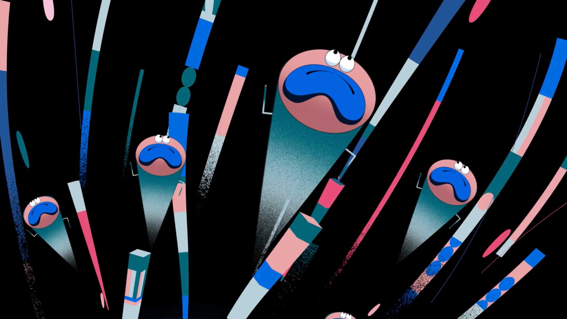 Abstract illustration for a MULTRA Brand Film: sad-faced figures with blue mouths drop diagonally on a black background, surrounded by colorful geometric shapes in blue, pink, and white tones. Frame from Stash Magazine article.