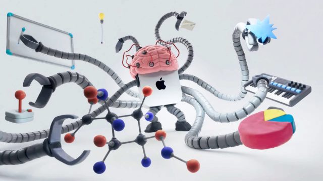 A computer with a brain, Apple logo, and robot arms multitasks with science gadgets, a pie chart, joystick, synthesizer, and chalkboard—symbolizing technology, creativity, and intelligence—inspired by the dynamic style of the Mac Mini with M6 launch spot by Nicos Livesey Blinkink. Frame from Stash Magazine article.