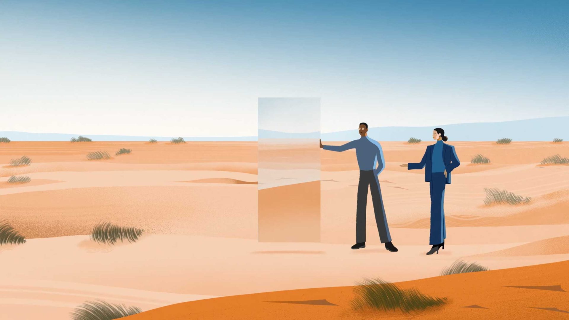 Two people in business attire stand in a desert beside a large, vertical, transparent glass panel reflecting the sandy landscape and sky. Sparse tufts of grass dot the sand around them, as if envisioning possibilities with Mackenzie Investments. Frame from Stash Magazine article.
