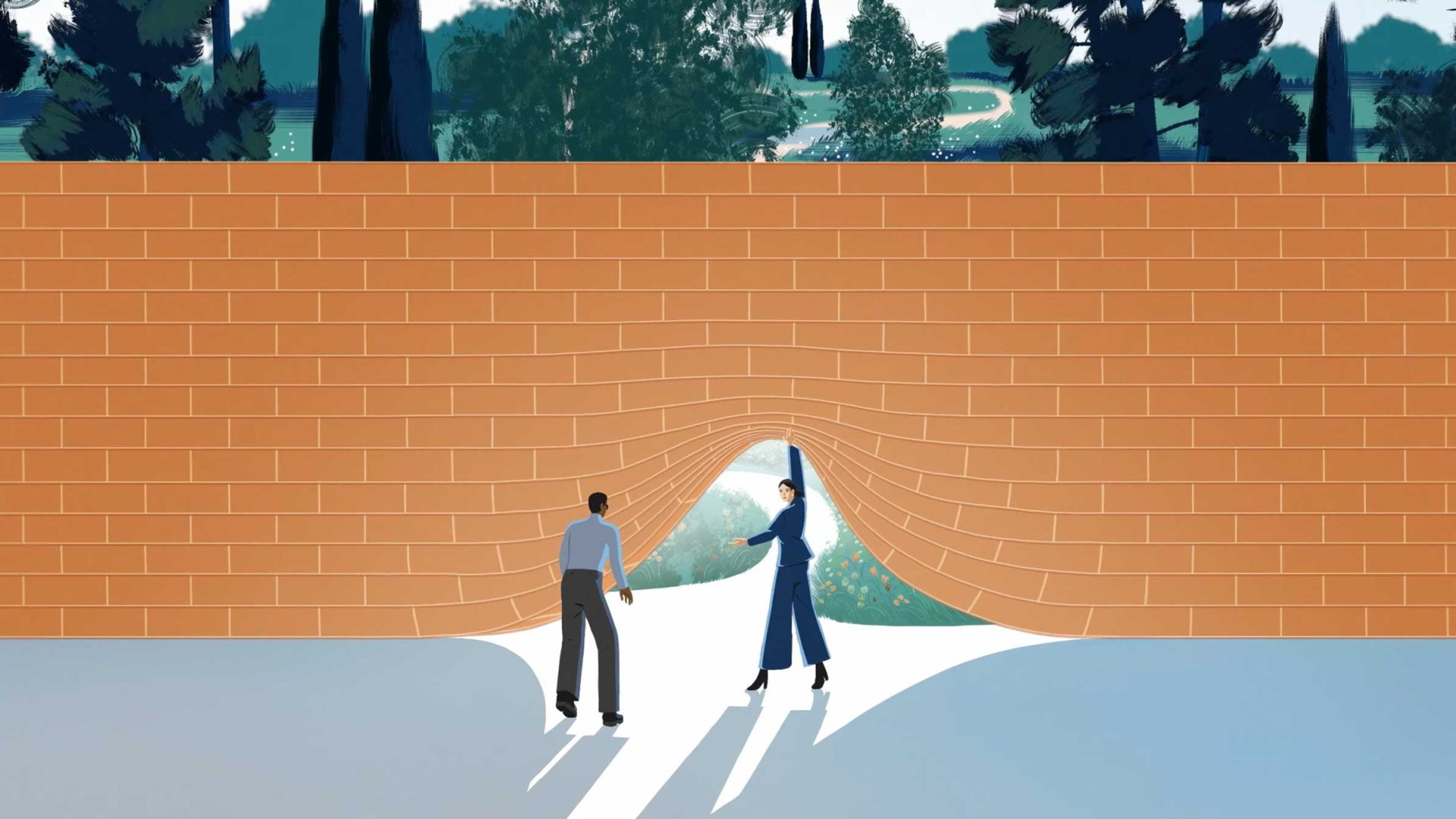 Two people stand before a brick wall with a tunnel-like opening at the bottom, revealing a sunlit, green landscape beyond—an invitation to see things others miss, with trees and nature visible in the distance. Frame from Stash Magazine article.