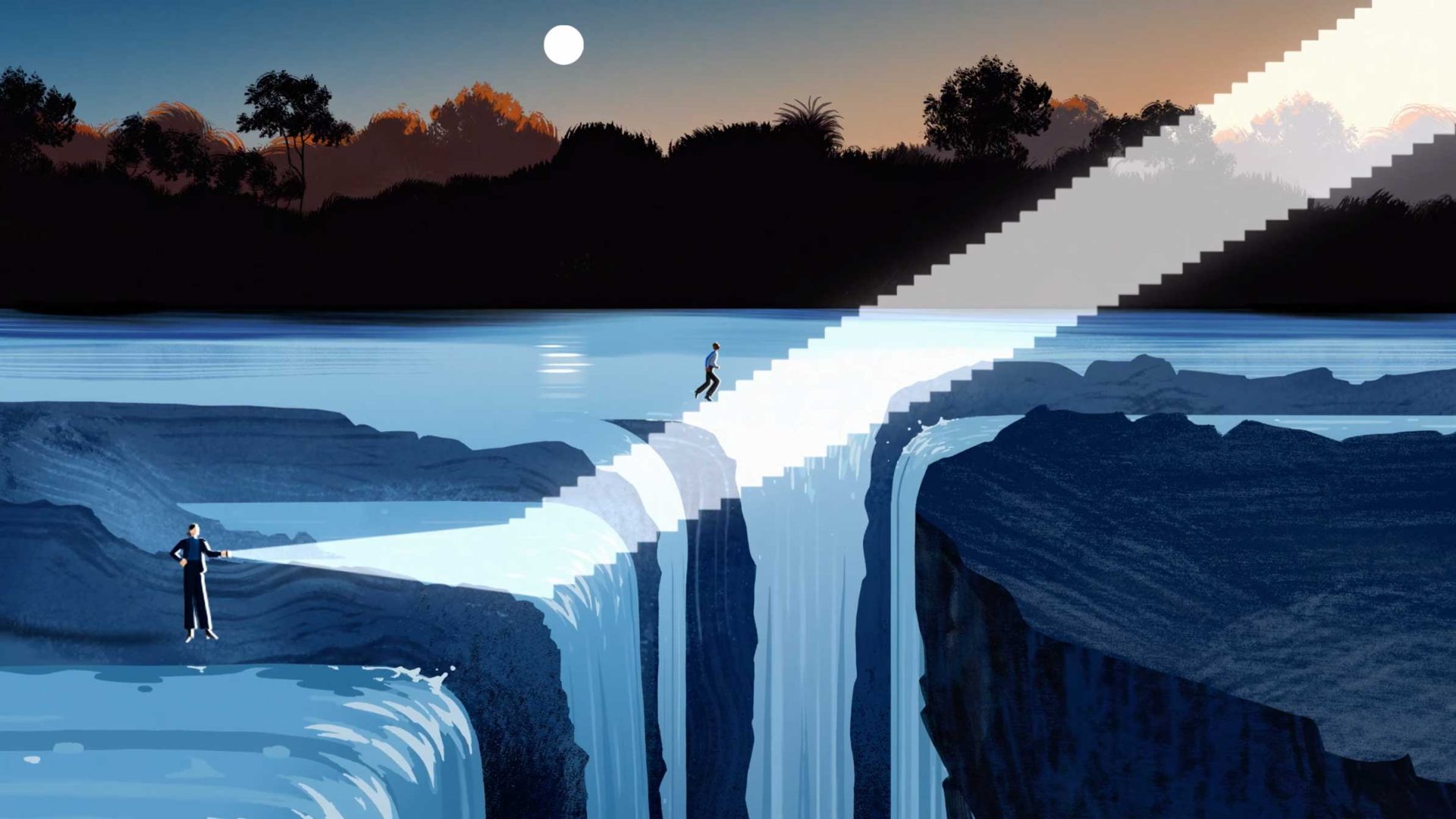 An illustration of two people near a wide river and waterfall. While one stands on the edge, another walks on a stairway of light—embodying the spirit to see things others miss—across the water under a setting sun and silhouetted trees. Frame from Stash Magazine article.