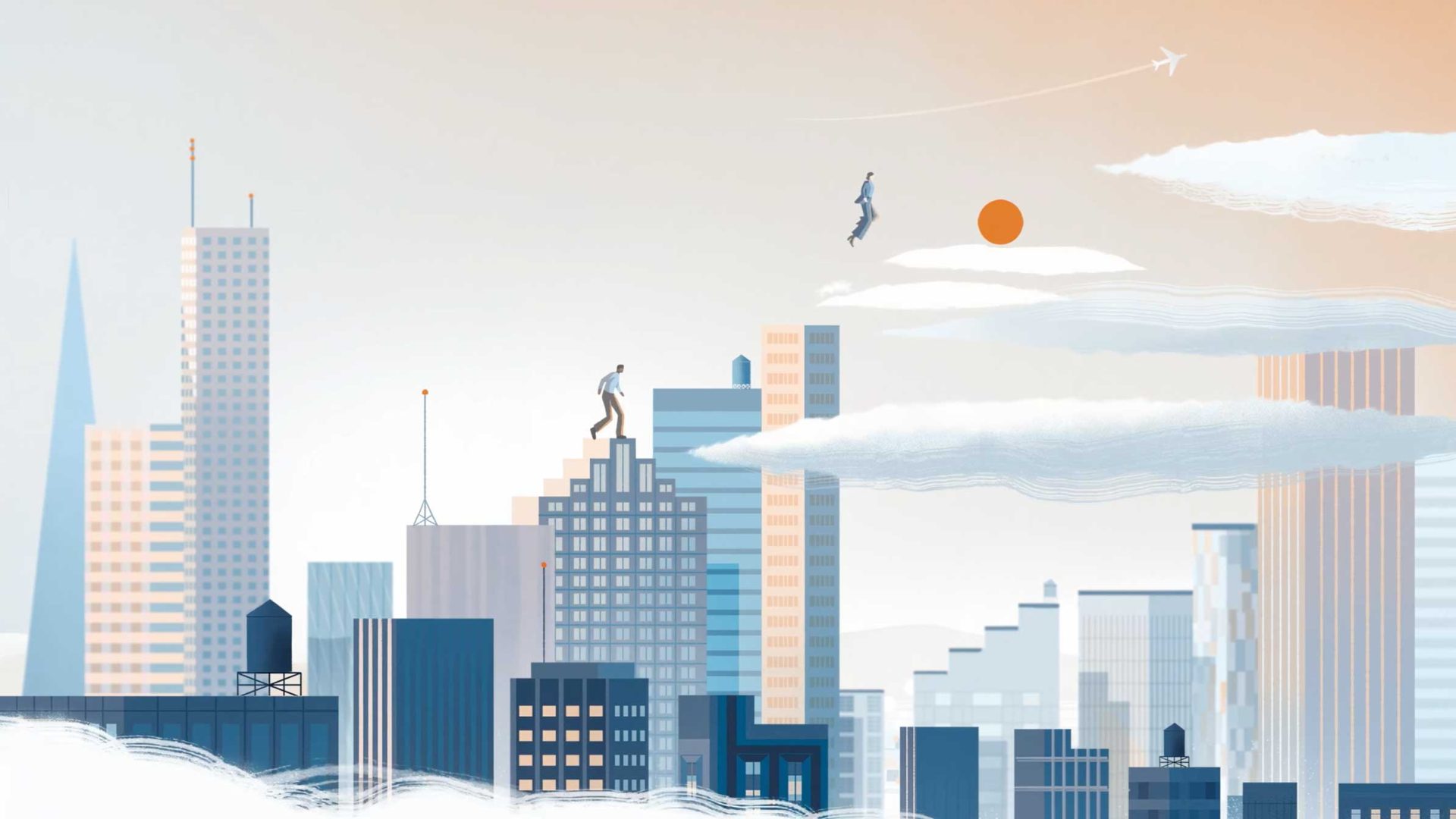 Illustration of a futuristic city skyline at sunrise, with two people walking on clouds above tall buildings. An airplane with a WIZZ logo flies by, leaving a white trail—inviting you to See Things Others Miss near the glowing orange sun. Frame from Stash Magazine article.