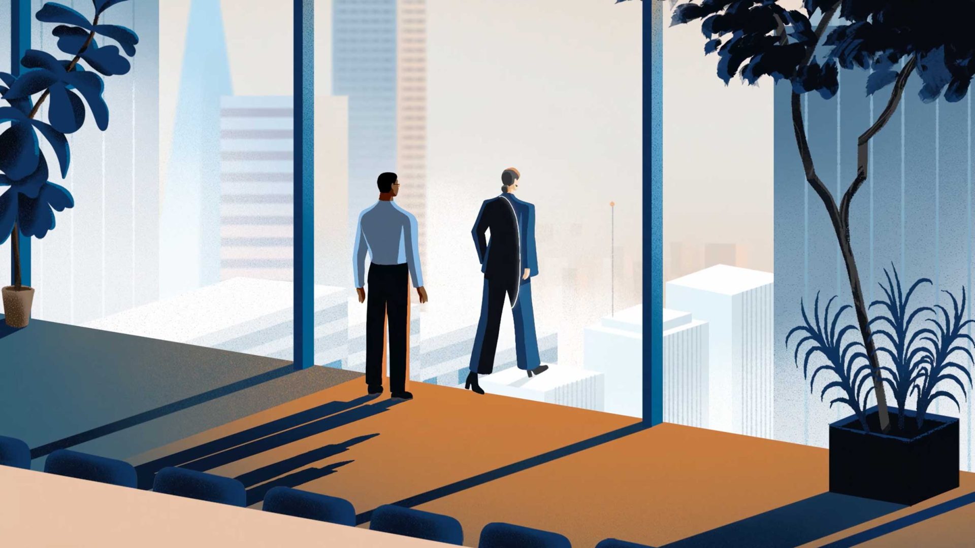 Two people in business attire stand by floor-to-ceiling windows in a modern office, overlooking a city skyline. Sunlight casts long shadows on the floor and plants are visible indoors—perfectly capturing Mackenzie Investments’ drive to See Things Others Miss. Frame from Stash Magazine article.