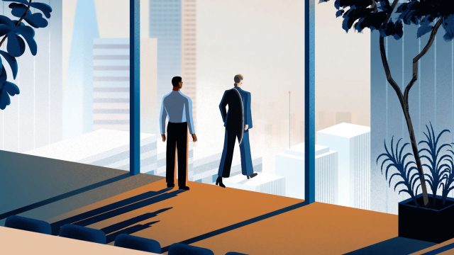 Two businesspeople stand by large office windows, overlooking a city skyline. Sunlight streams in, casting shadows on the floor amid lush plants—a modern, spacious office where they See Things Others Miss, inspired by Mackenzie Investments. Frame from Stash Magazine article.