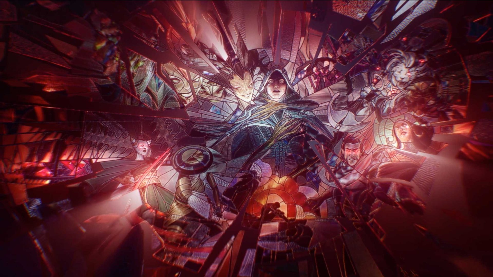 A vibrant, kaleidoscopic image features multiple fantasy characters in dynamic poses, set against a fractured, glowing background evocative of Fractures Reality, with intricate, comic-style details and intense lighting reminiscent of an epic MTG trailer. Frame from Stash Magazine article.