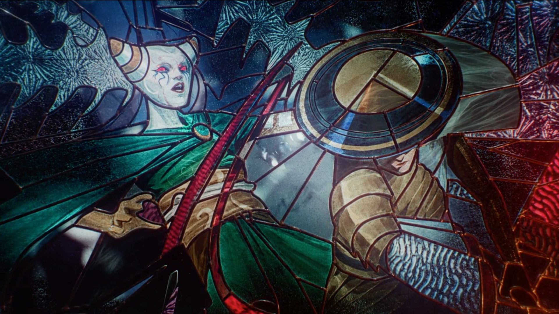 A stained-glass artwork, reminiscent of motion design seen in an MTG trailer, depicts a horned, pale figure in green robes and armor clashing with a shielded, armored warrior. Both are surrounded by fragmented, colorful glass shards that evoke a sense of fractured reality. Frame from Stash Magazine article.