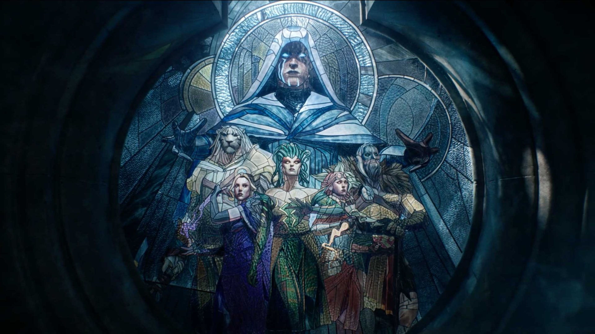 A stained glass window shows six fantasy characters in elaborate attire, with a hooded figure above the rest, all set against a backdrop of intricate blue and gray designs that seem to fracture reality—a visual reminiscent of an MTG trailer. Frame from Stash Magazine article.