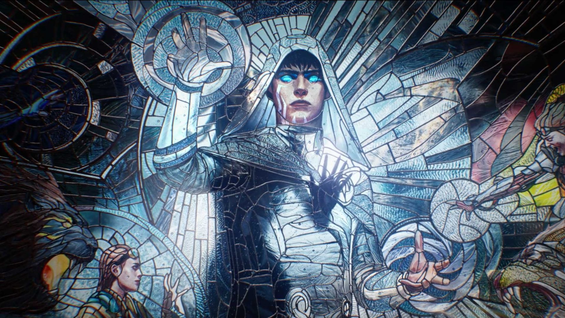 A stained glass artwork, inspired by the Magic The Gathering Fractured Reality trailer by Unit Motion Design, depicts a mystical figure with glowing blue eyes and a raised hand, surrounded by radiant patterns and other figures, evoking an ethereal and magical atmosphere. Frame from Stash Magazine article.