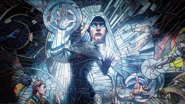 A stained glass artwork depicts a robed figure with glowing blue eyes and raised hand, surrounded by intricate shards and symbols that evoke the sense of Fractures Reality. Other figures appear in the background, bathed in blue and white light, reminiscent of a dynamic MTG trailer brought to life through expert Motion Design. Frame from Stash Magazine article.