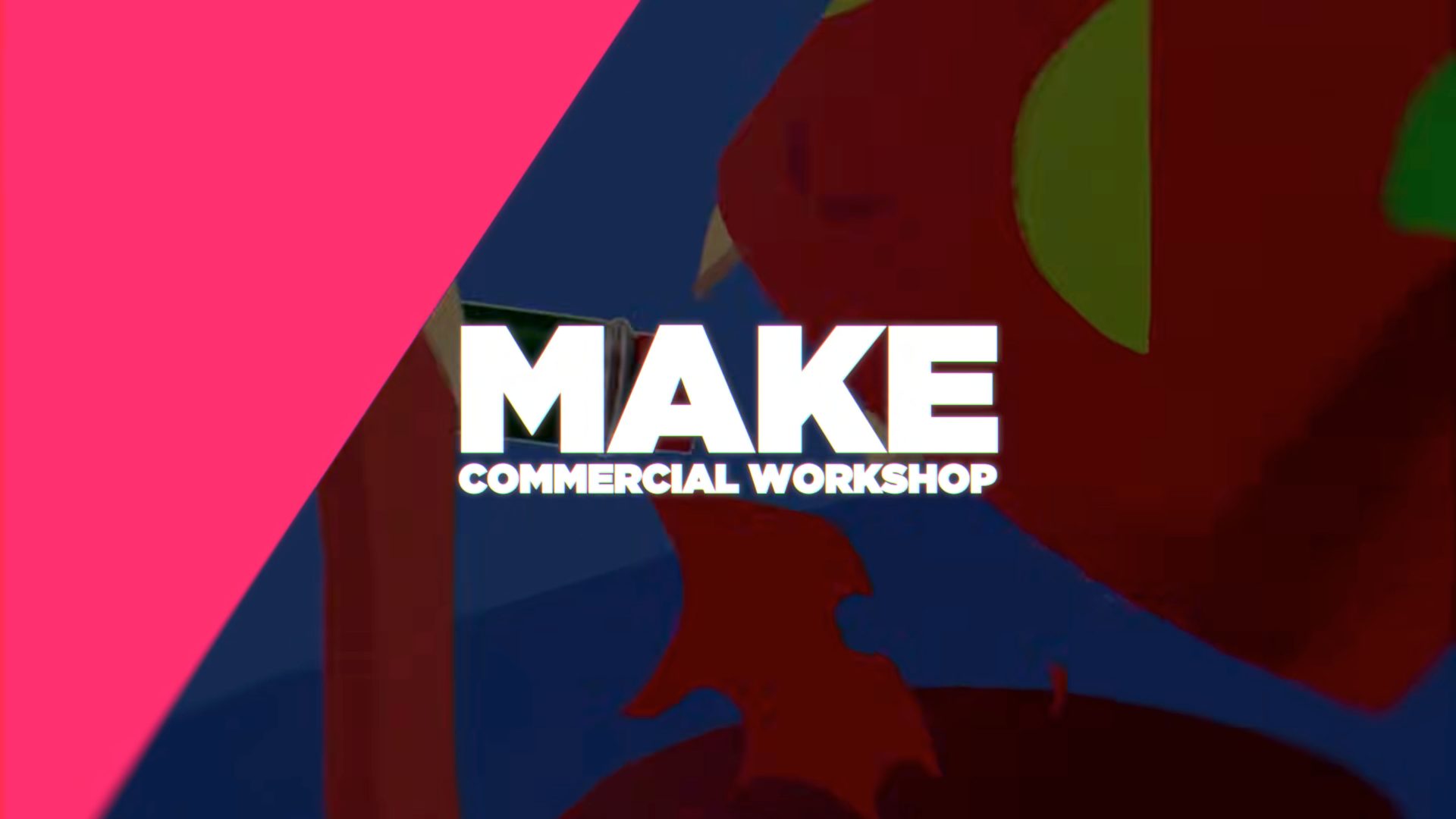 Text MAKE 2026 COMMERCIAL ANIMATION WORKSHOP FOR STUDENTS appears over an abstract background with red, green, and blue shapes and a large pink triangle covering the left side. Frame from Stash Magazine article.