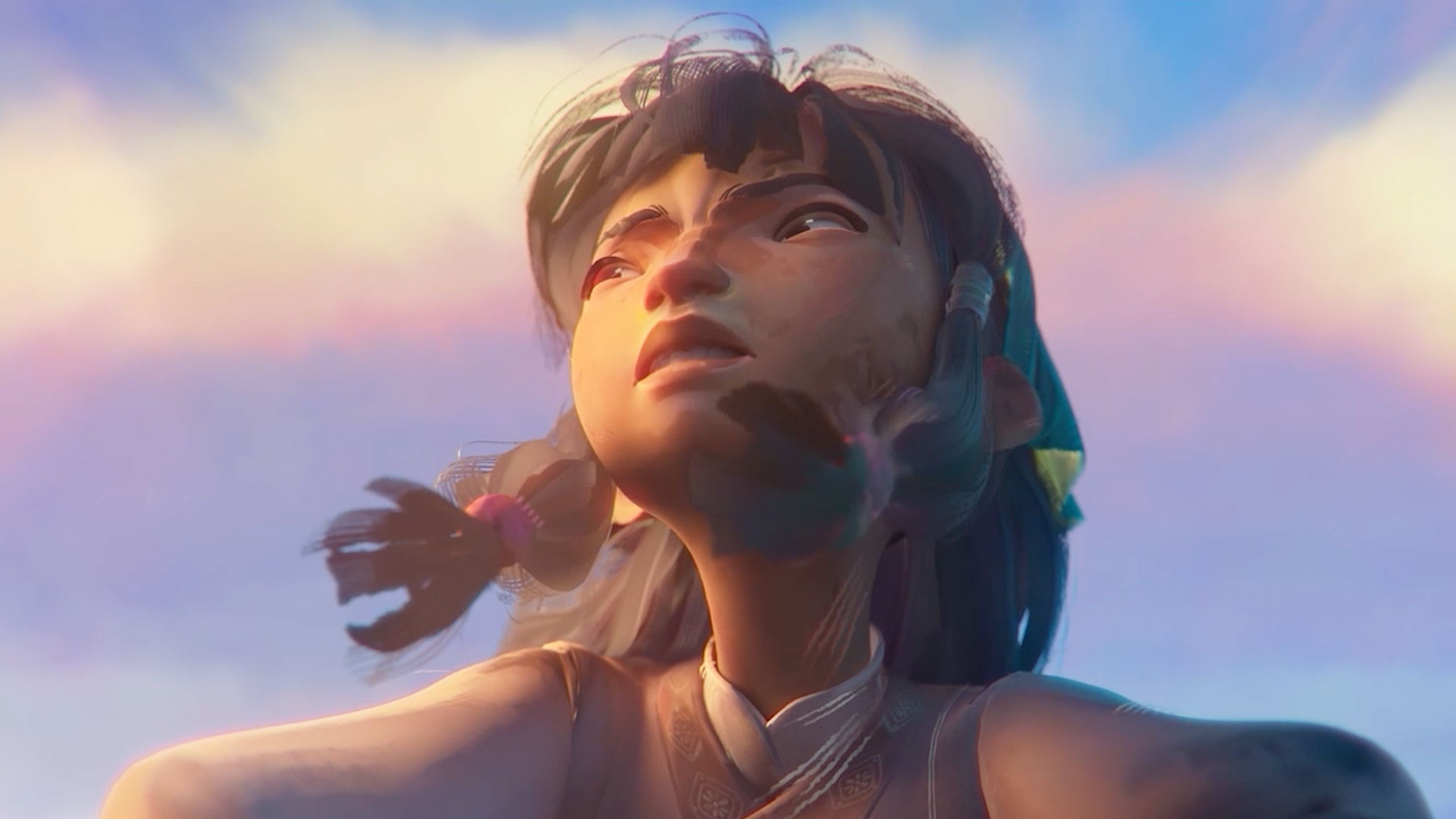 Animated girl with dark hair in pigtails looks upward with a determined expression, set against a soft, pastel-colored sky at sunset—a captivating visual concept for the Make Animation Thesis Grant 2026. Frame from Stash Magazine article.