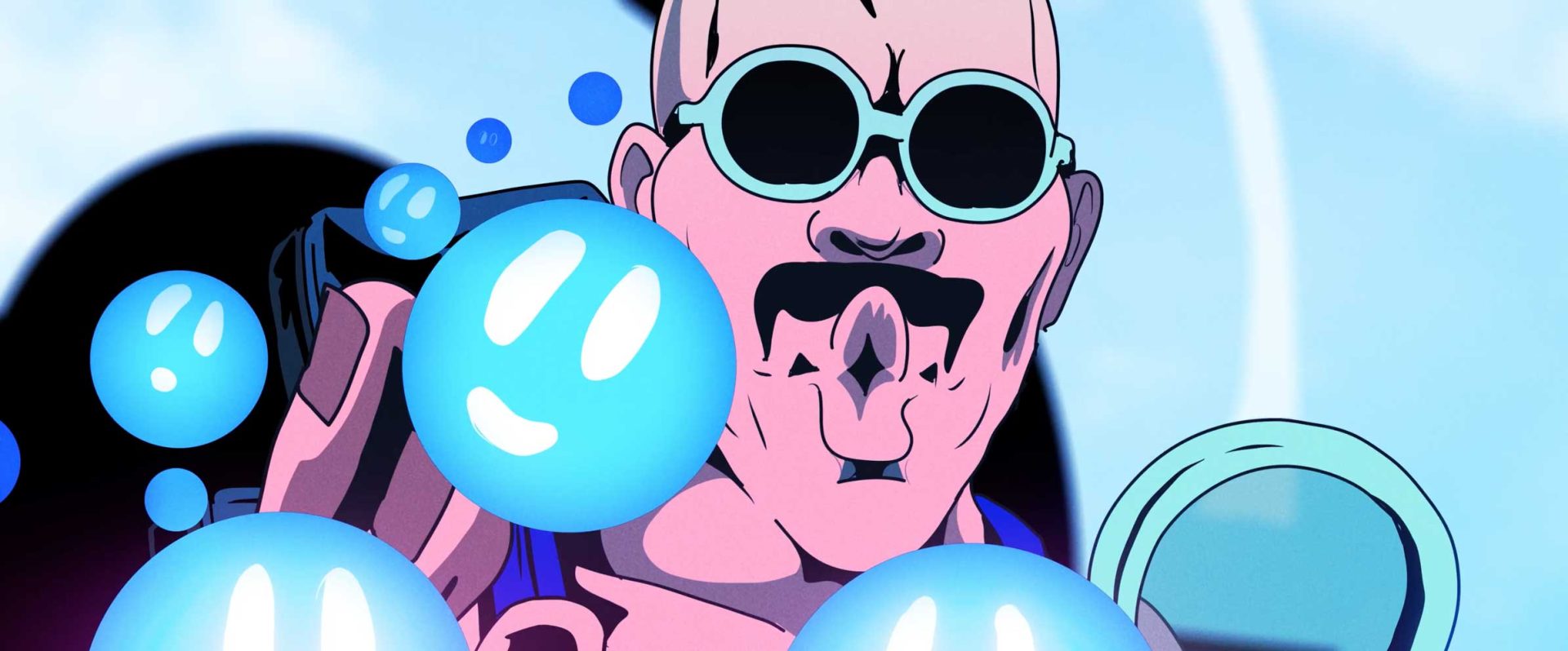 An animated bald man with sunglasses and a mustache is surrounded by floating blue orbs with smiley faces, set against a light blue and black abstract background, evoking the imaginative style seen in Joost Jansen’s DREAMCAT short film. Frame from Stash Magazine article.