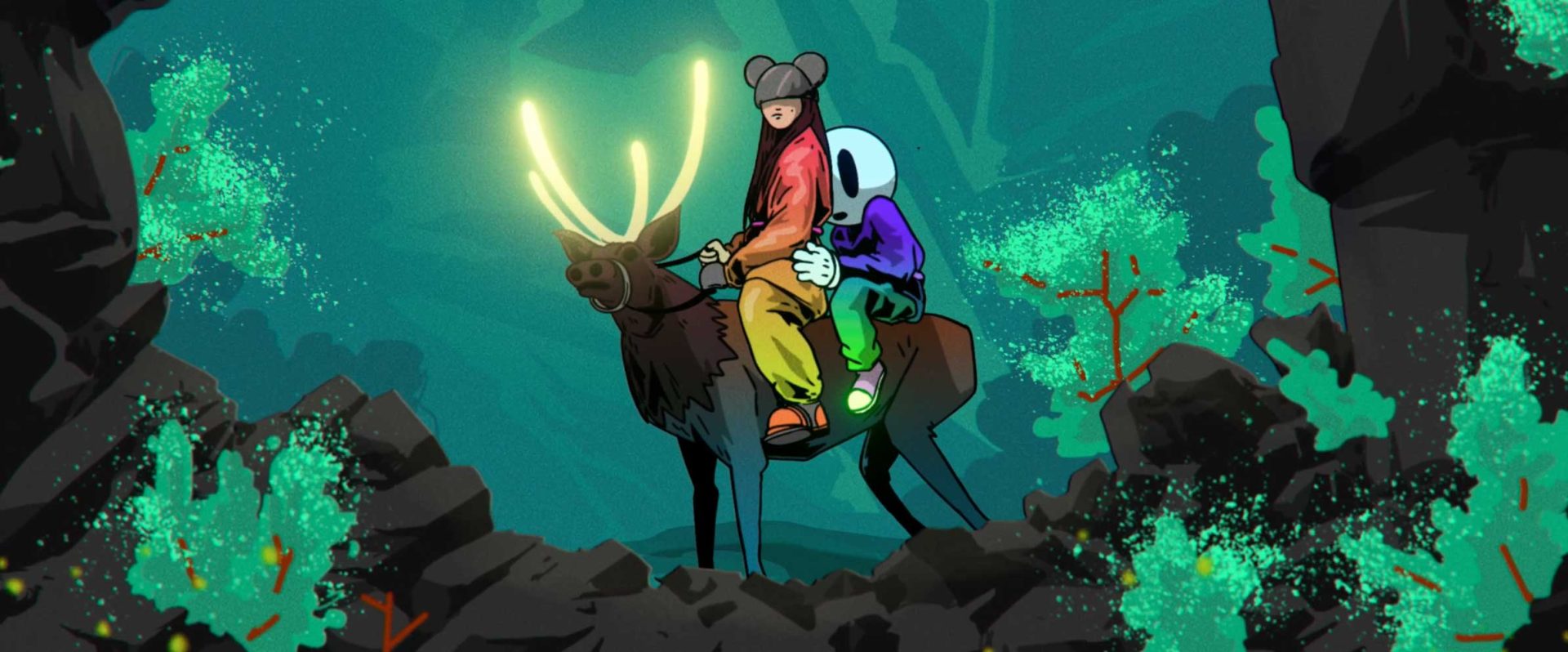 A child and a small alien-like creature ride a glowing-antlered deer through a vibrant, mystical forest framed by rocks and green foliage, as they embark on a journey to Make Mami Proud and uncover Joost Jansen’s demons in the evocative DREAMCAT short film. Frame from Stash Magazine article.
