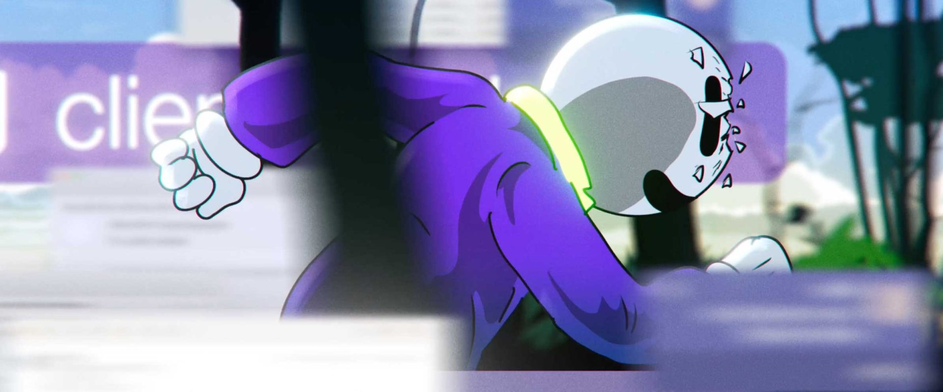 A cartoon skeleton in a purple suit runs forward, its face breaking apart with small fragments flying off, against a blurred background with text and nature elements—a surreal moment from Joost Jansen’s short film DREAMCAT. Frame from Stash Magazine article.