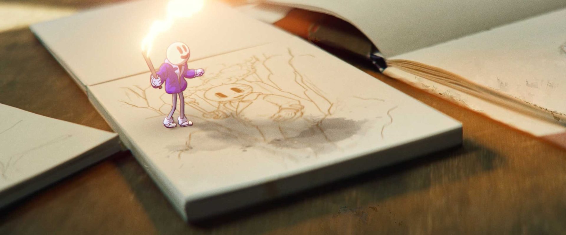A cartoon figure holding a lit match stands on a sketchbook, appearing to examine a drawing of itself in a forest scene, with an open notebook nearby—a whimsical moment straight out of DREAMCAT, the short film by Joost Jansen. Frame from Stash Magazine article.