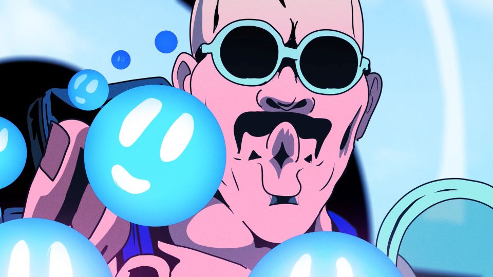 A cartoon man with sunglasses and a mustache is surrounded by shiny blue bubbles—some with smiling faces—against a bright background, as if ready to Make Mami Proud and uncover Joost Jansen’s demons in the DREAMCAT short film. Frame from Stash Magazine article.