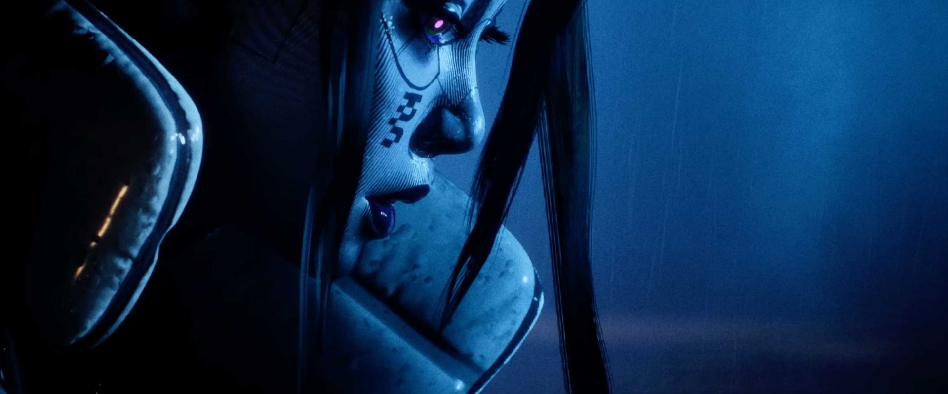 A close-up of a character with dark hair, glowing purple eyes, and futuristic facial markings evokes the haunting tone of Son Lux’s "Death We’ve Just Begun," set against a blue, atmospheric background in a high-collared outfit. Frame from Stash Magazine article.