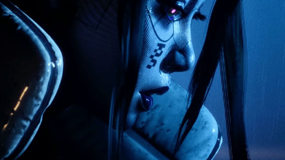A close-up of a female cyborg’s face in profile, illuminated by blue light. With EDGLRD-inspired markings, glowing purple eyes, dark lips, and metallic features, she conveys a somber intensity—echoing "In Death We've Just Begun. Frame from Stash Magazine article.