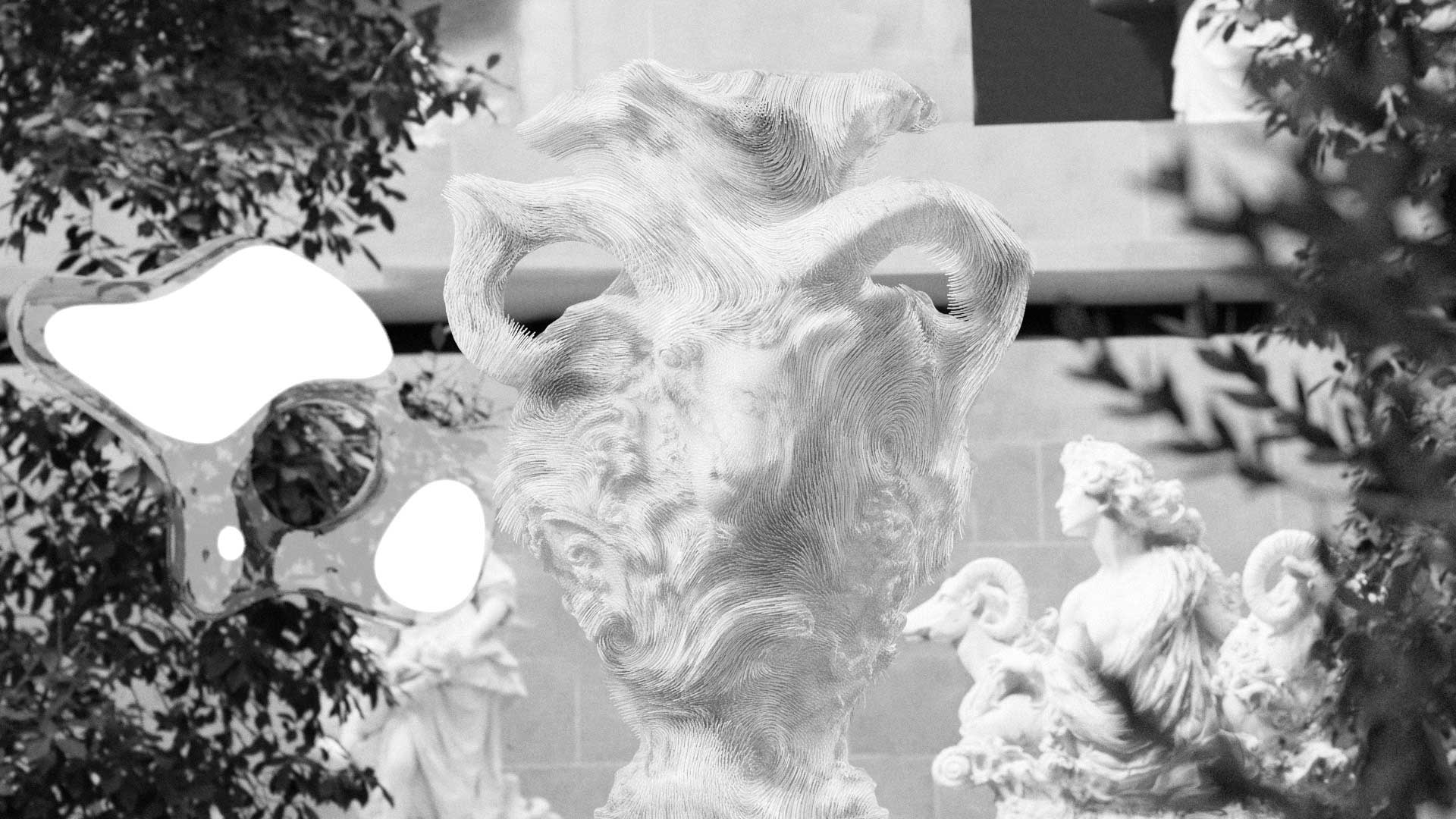 A black and white photo of an abstract, wavy-textured sculpture with hollow sections, surrounded by leafy branches. Inspired by Martynas Genkovas’s short film, classical statues and architectural elements form the background as light from the left highlights the scene. Frame from Stash Magazine article.