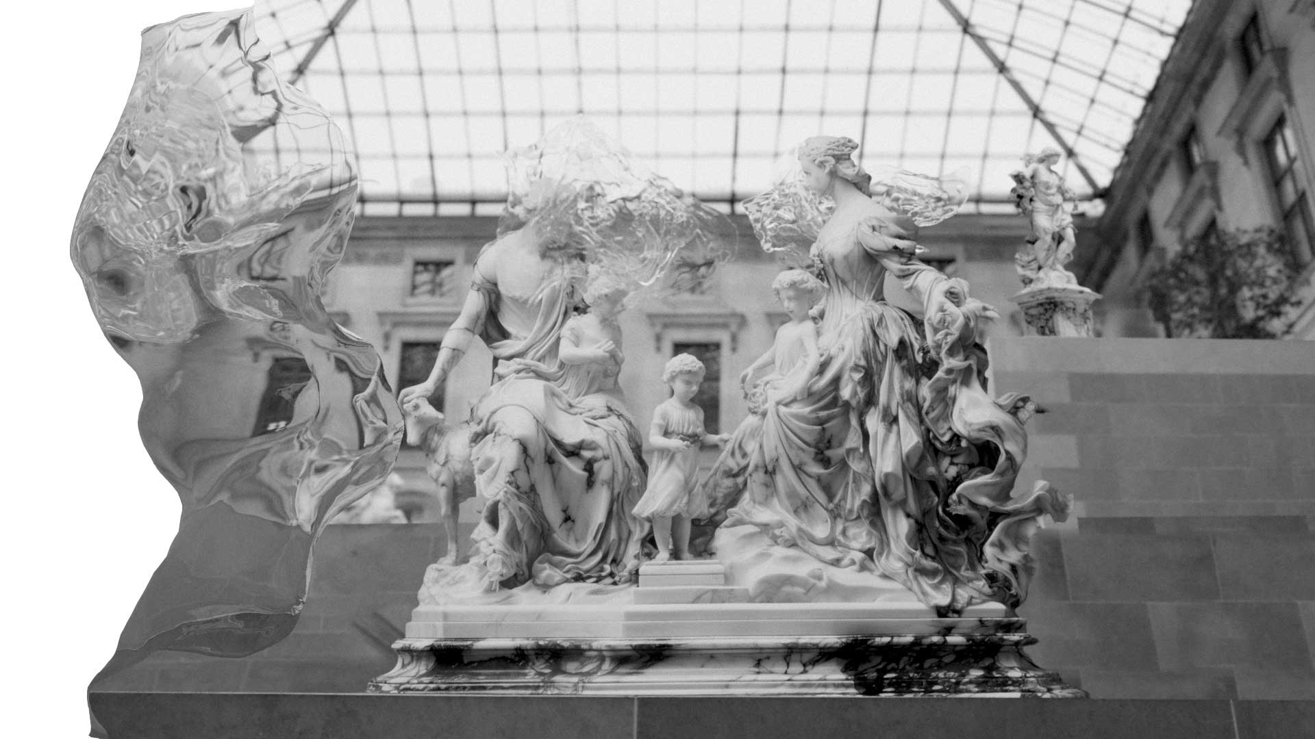 Inspired by Martynas Genkovas, a group of classical marble statues, including robed figures and a child, stand on a raised platform in a glass-roofed museum space. An abstract, translucent form appears at the left of the image. Frame from Stash Magazine article.