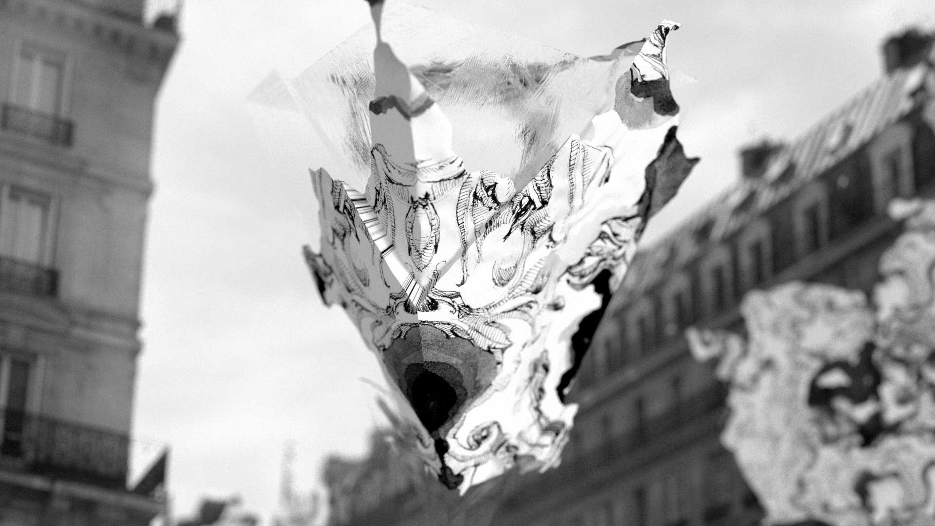 A black and white photo showing an abstract, torn paper artwork with intricate patterns suspended in front of blurred Parisian buildings. Inspired by Martynas Genkovas, the artwork creates a surreal focal point, like a still from a short film. Frame from Stash Magazine article.