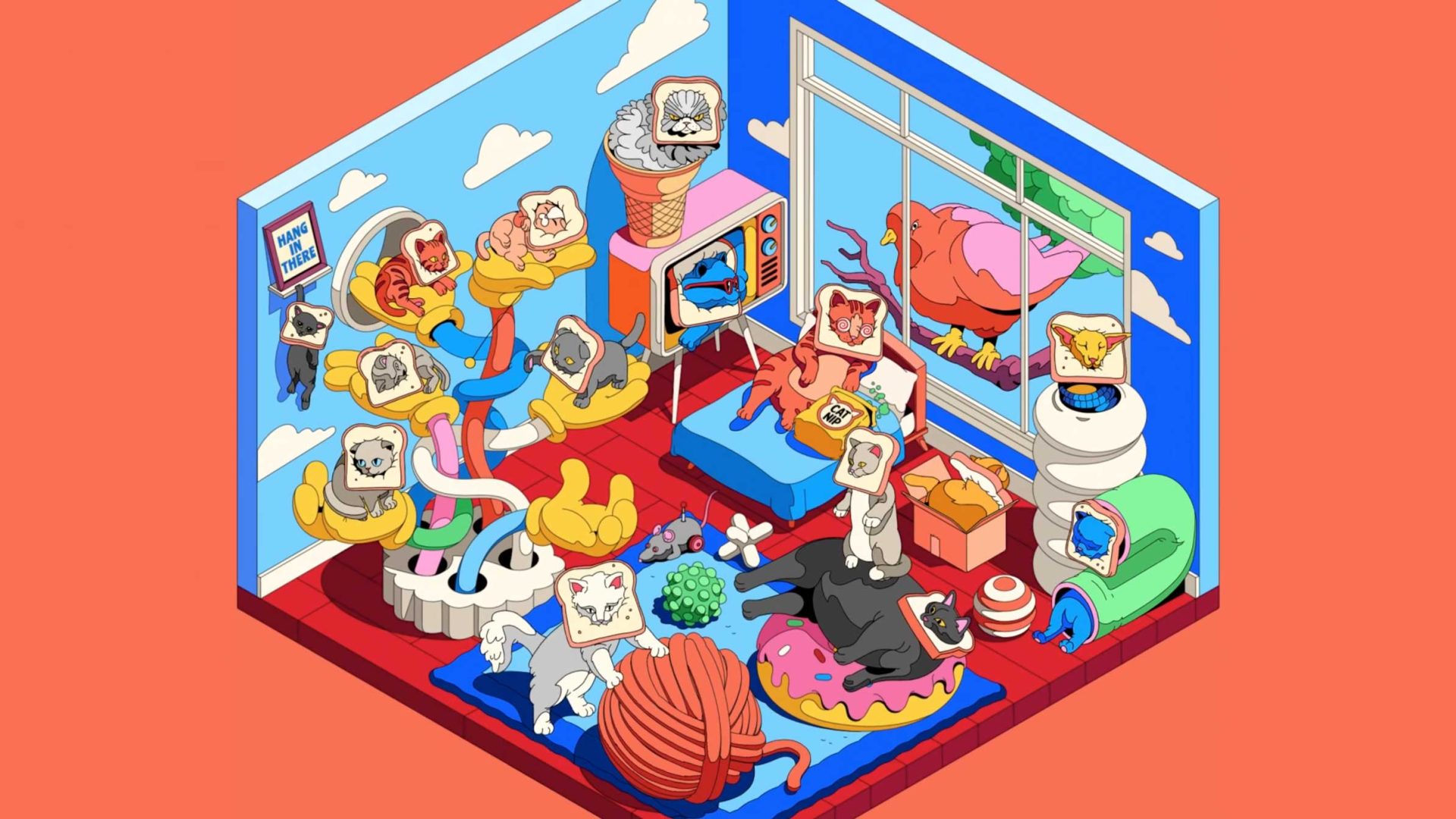 A colorful room filled with quirky, cartoon animal characters with toast-shaped faces, lounging, eating, and playing in a scene reminiscent of Dave Arcade’s playful style. A giant bird peers in from the window. Odd objects like yarn, pastries, and an ice cream cone fill the mathematically whimsical space. Frame from Stash Magazine article.