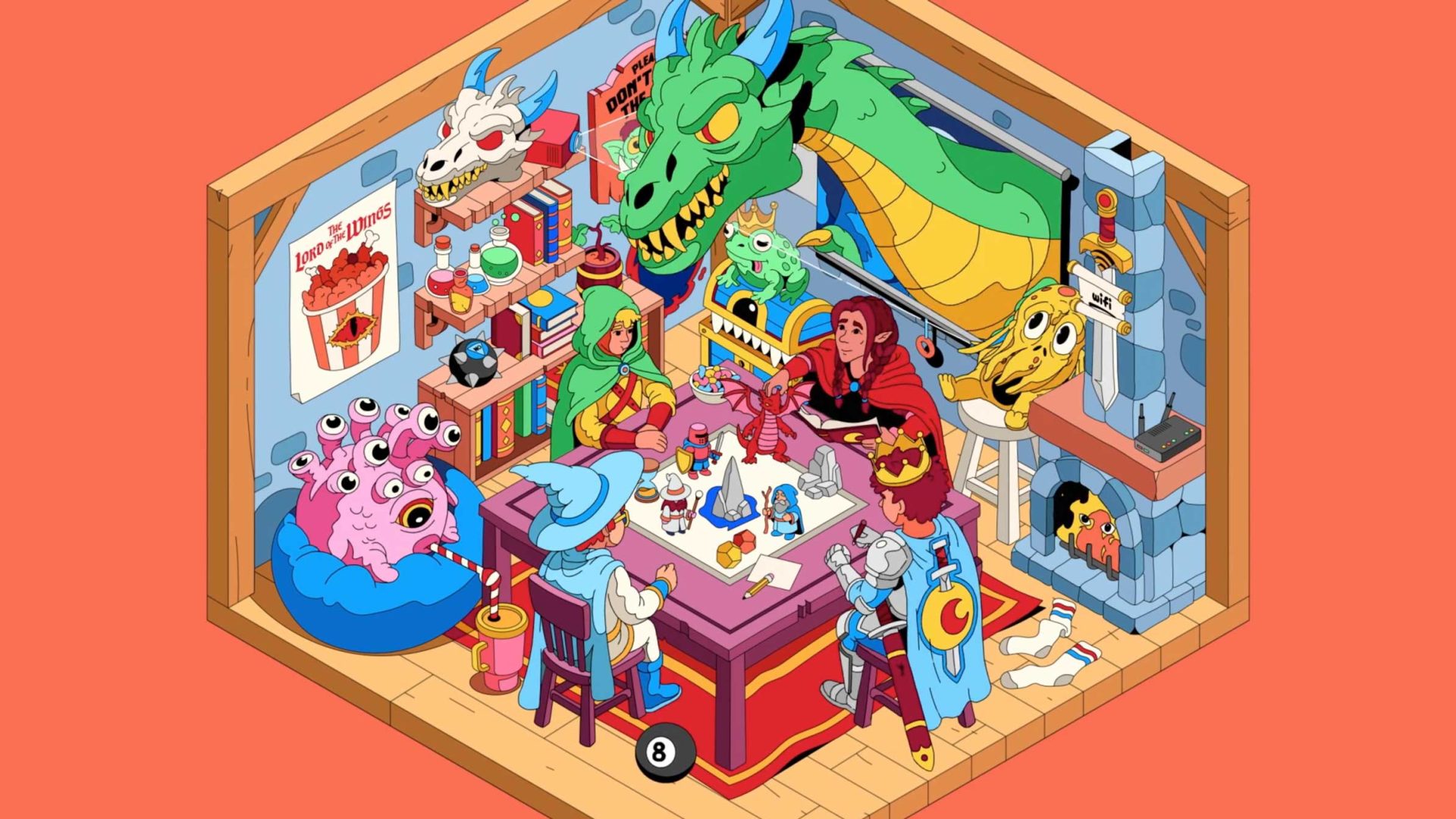 A group of fantasy characters, including a wizard, knight, elf, and demon, play a tabletop RPG in a colorful room filled with books, snacks, monster heads, and a large green dragon peering over them—a scene bursting with mathematic puzzles and playful energy reminiscent of Dave Arcade’s vibrant style. Frame from Stash Magazine article.