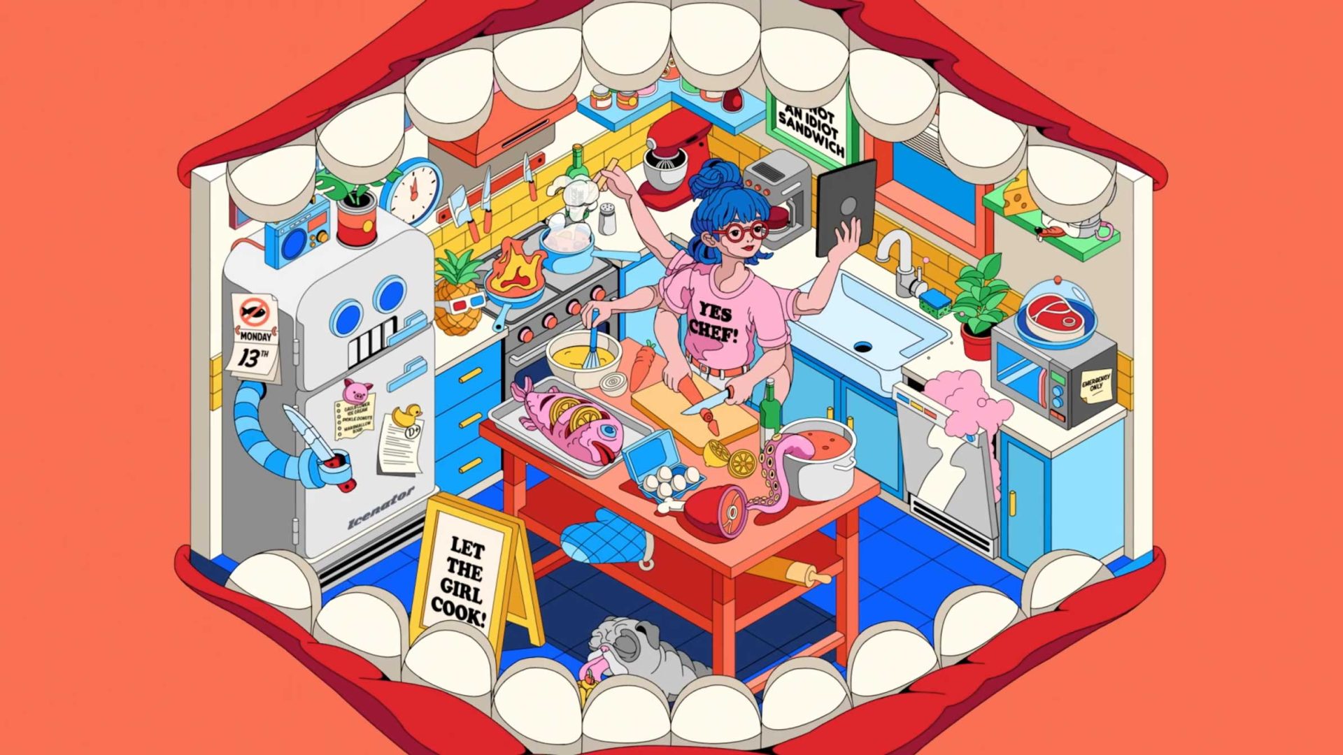 A woman cooks in a colorful kitchen, viewed from inside a mouth—a playful twist reminiscent of Dave Arcade’s vibrant style. The busy kitchen is filled with groceries, appliances, and quirky signs saying LET THE GIRL COOK. She wears glasses and a pink shirt that reads YES CHEF, immersing herself in her own world of culinary mathematic precision. Frame from Stash Magazine article.