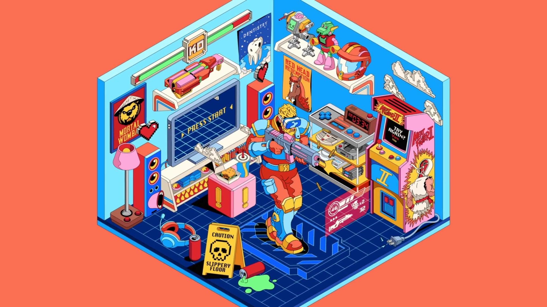 A colorful, isometric room filled with retro gaming consoles, posters, neon signs—including a glowing “Happy Internetting”—a robot character, scattered items, and arcade machines on a blue floor with an orange wall background reminiscent of the Dave Arcade aesthetic. Frame from Stash Magazine article.