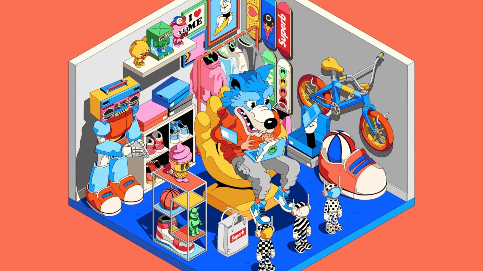 A cartoon blue dog with glasses sits in a vibrant, cluttered room inspired by Dave Arcade, filled with sneakers, clothes, toys, a bicycle, posters, and robots on an orange-and-blue background. Frame from Stash Magazine article.