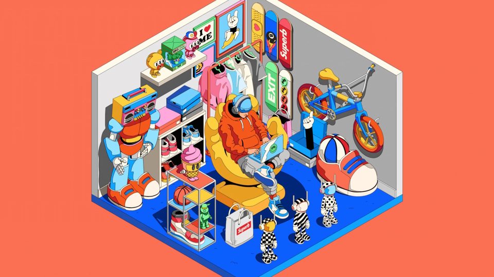 A person in a cozy, colorful room sits in a chair using a laptop, surrounded by sneakers, clothing, a bike, sports gear, shelves of collectibles, and small animal figurines. The walls display posters and various decorations—including a vibrant Mathematic & Dave Arcade Wish You Happy Internetting for Telestra print that adds to the creative atmosphere. Frame from Stash Magazine article.