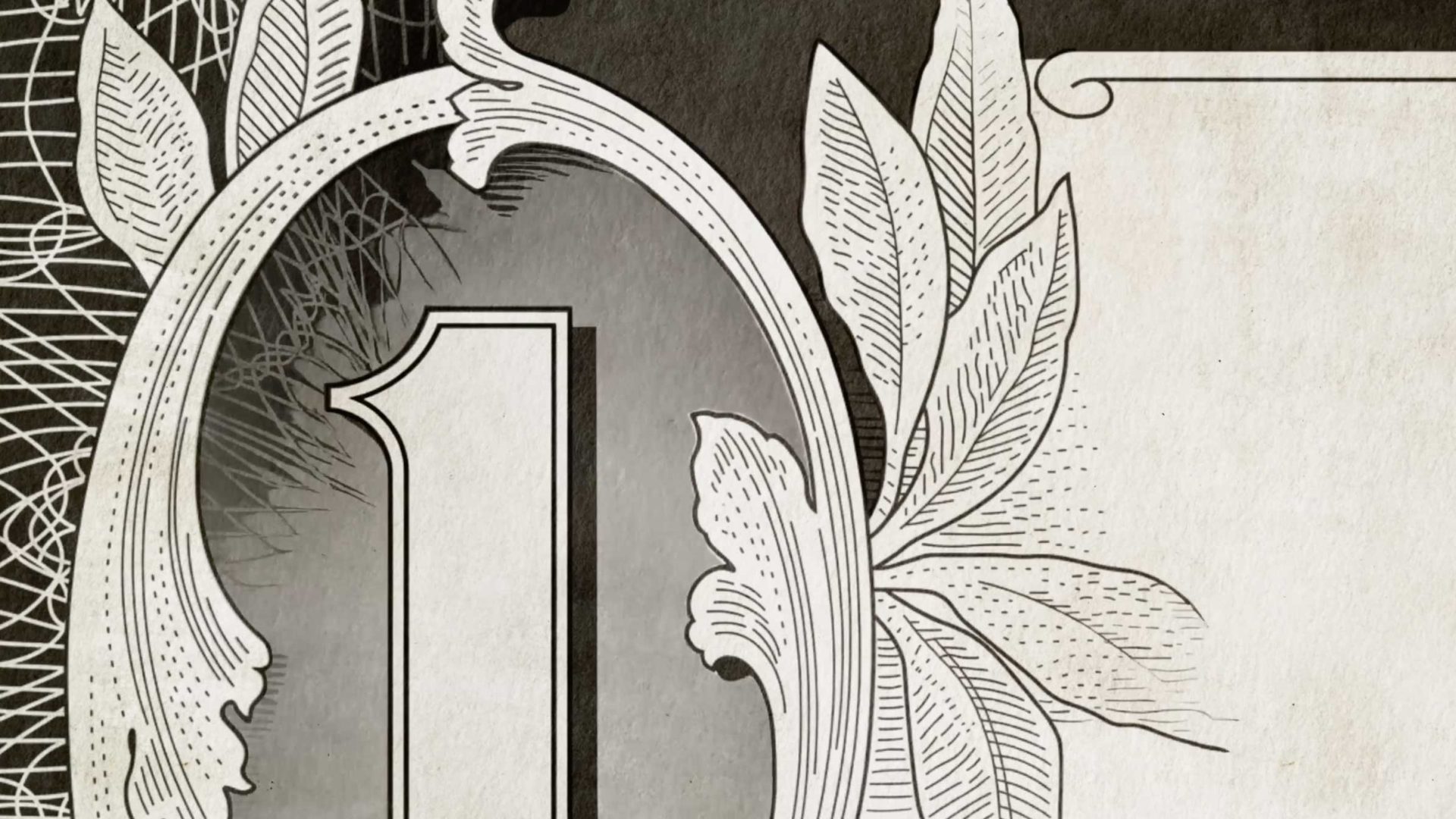 Close-up of the ornate number 1 from a banknote, featuring decorative leaf patterns and intricate line details in black and white, reminiscent of the refined artistry valued by McAlvany Wealth Management. Frame from Stash Magazine article.