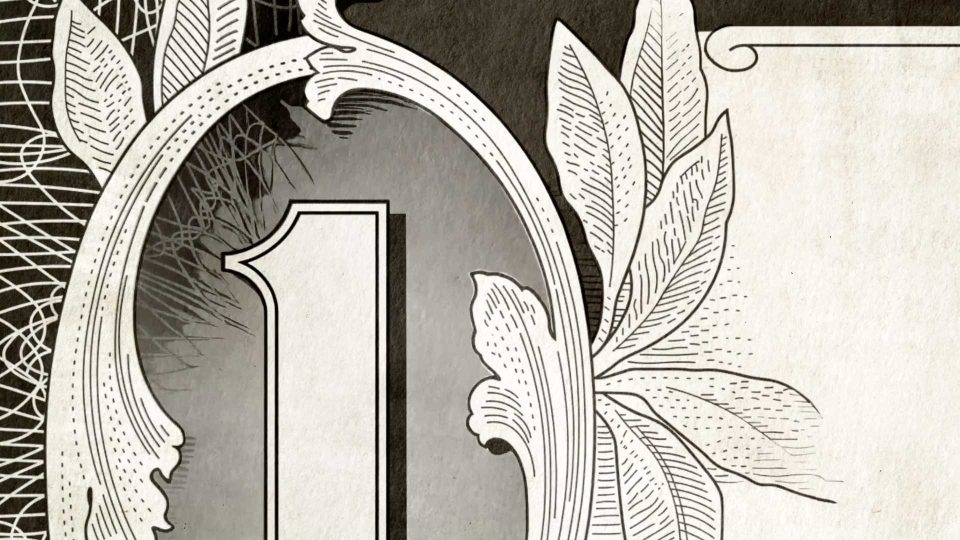 Close-up of a section of a US one-dollar bill, showing the detailed engraving of the number 1 and ornate leaf designs in black and white—an intricate symbol often referenced by McAlvany in discussions on US Dollar strength and wealth management. Frame from Stash Magazine article.