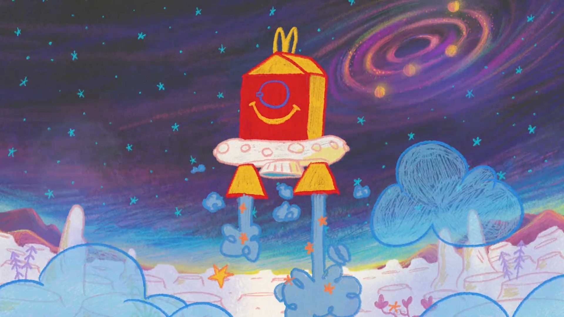 In the McDonalds x Crayola Planet Happy Meal commercial by Nexus and Shynola, a colorful, animated rocket shaped like a red box with a yellow M lifts off into a starry, whimsical outer space scene filled with swirling galaxies and smiling faces. Frame from Stash Magazine article.