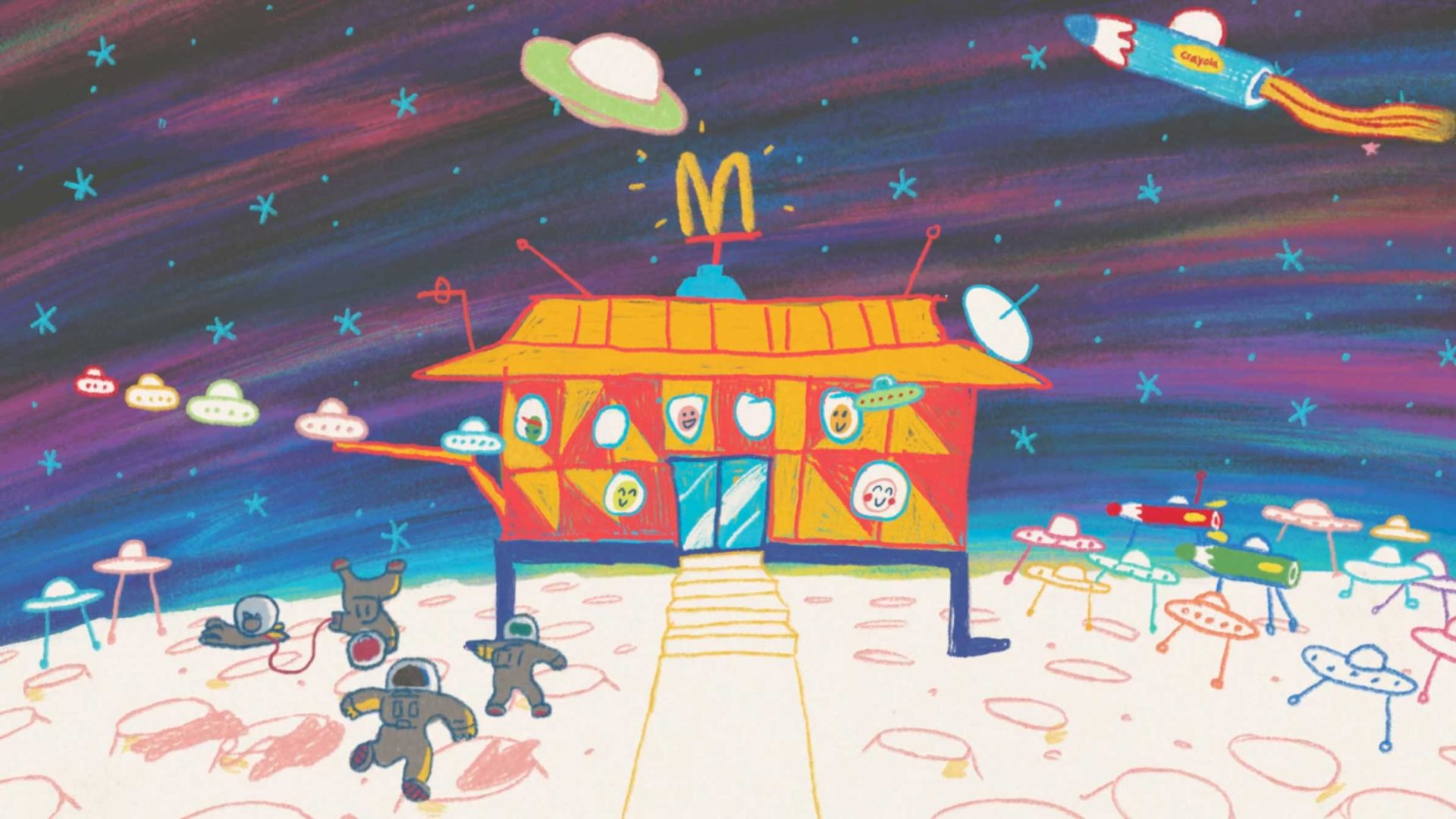 Colorful illustration inspired by Nexus Studios of a McDonald’s restaurant on an alien planet, surrounded by astronauts, UFOs, spaceships, and a star-filled sky with a yellow McDonald’s logo on the roof. Frame from Stash Magazine article.