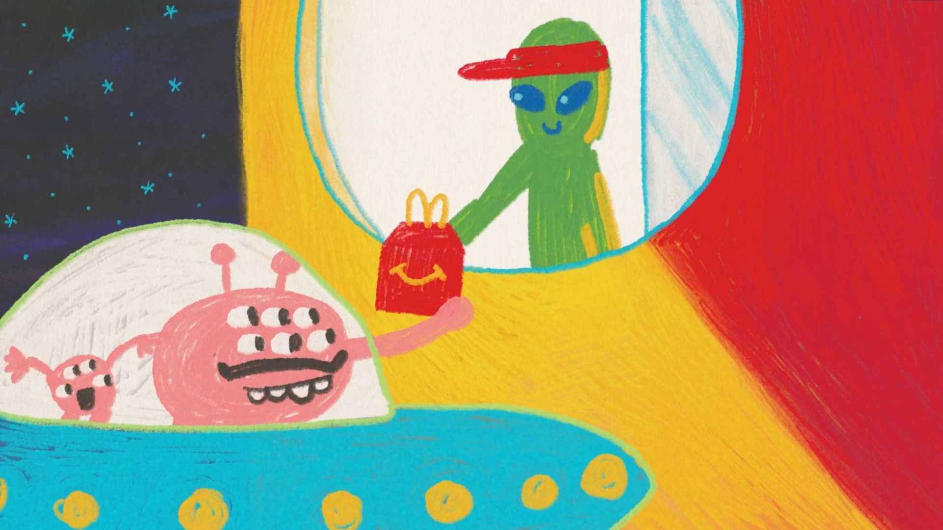 A green alien at a spaceship drive-thru, illustrated in vibrant Crayola colors, hands a red Happy Meal box to a pink, three-eyed alien in a blue UFO. Stars sparkle in the whimsical scene crafted with playful creativity. Frame from Stash Magazine article.