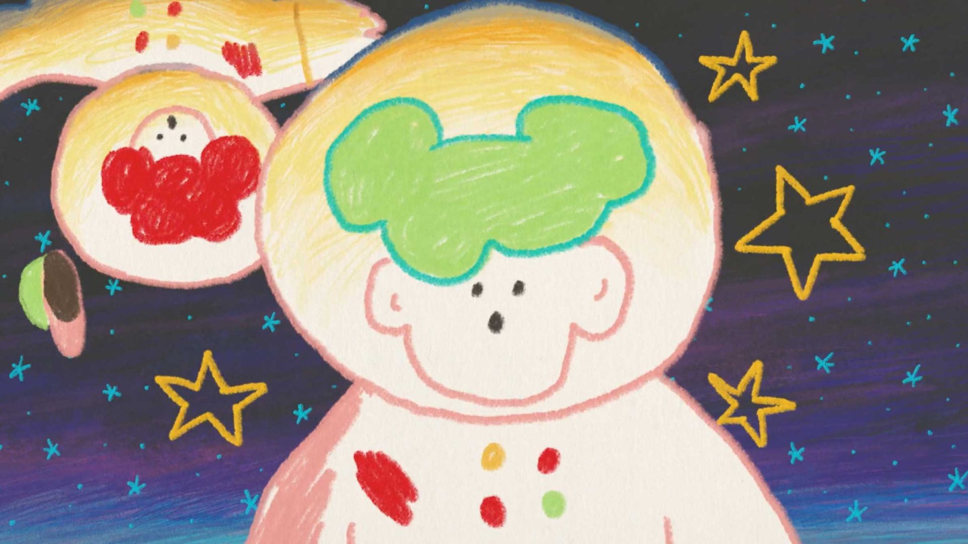 A colorful, childlike drawing in the style of Crayola shows two cartoon astronauts in space suits floating among yellow stars on a dark blue background. The main astronaut has a green shape on their helmet and a cheerful expression. Frame from Stash Magazine article.