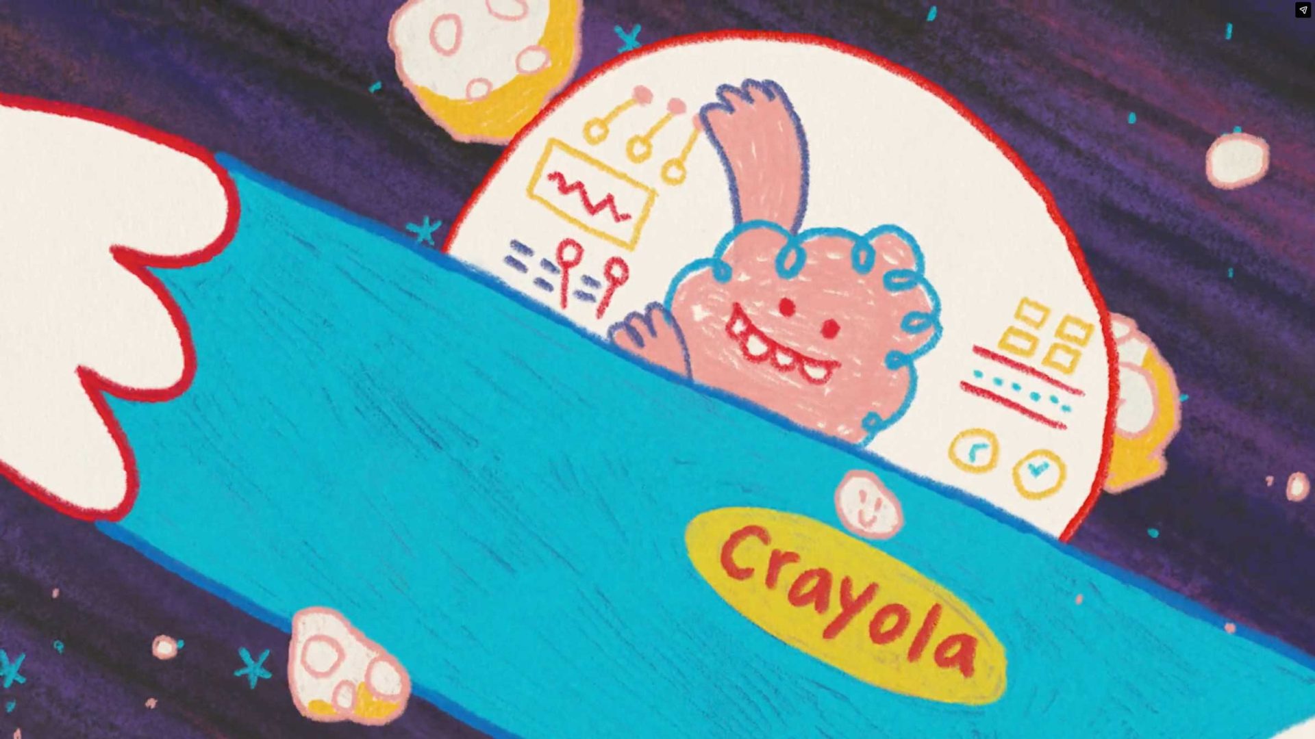 A colorful crayon drawing shows a happy, furry monster piloting a blue spaceship labeled Crayola through space, with buttons, screens, and floating cheese-like asteroids—all in the playful style of Nexus Studios. Frame from Stash Magazine article.