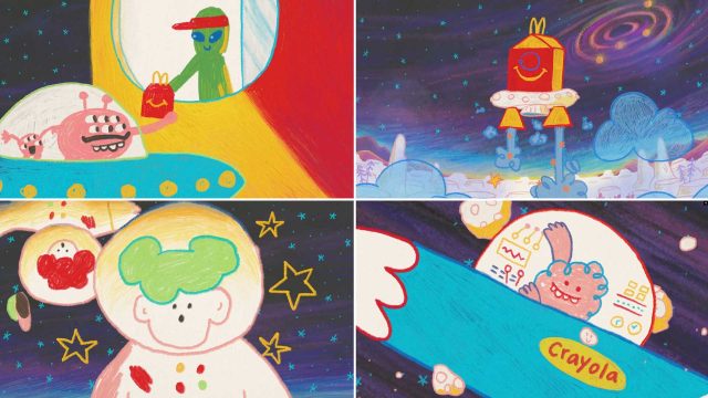 Four colorful, childlike drawings of aliens and astronauts: a McDonald’s rocket lands, an alien receives a Happy Meal in a Crayola spaceship, an astronaut with green hair floats, and a blue alien waves. Created with the playful spirit of Nexus Studios. Frame from Stash Magazine article.